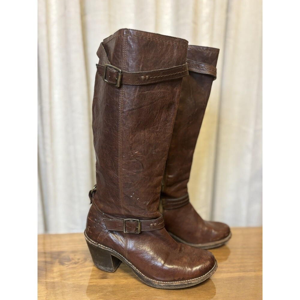 Frye Womens Brown Leather Western Boots Size 7 Knee High Block Heel Harness Zip